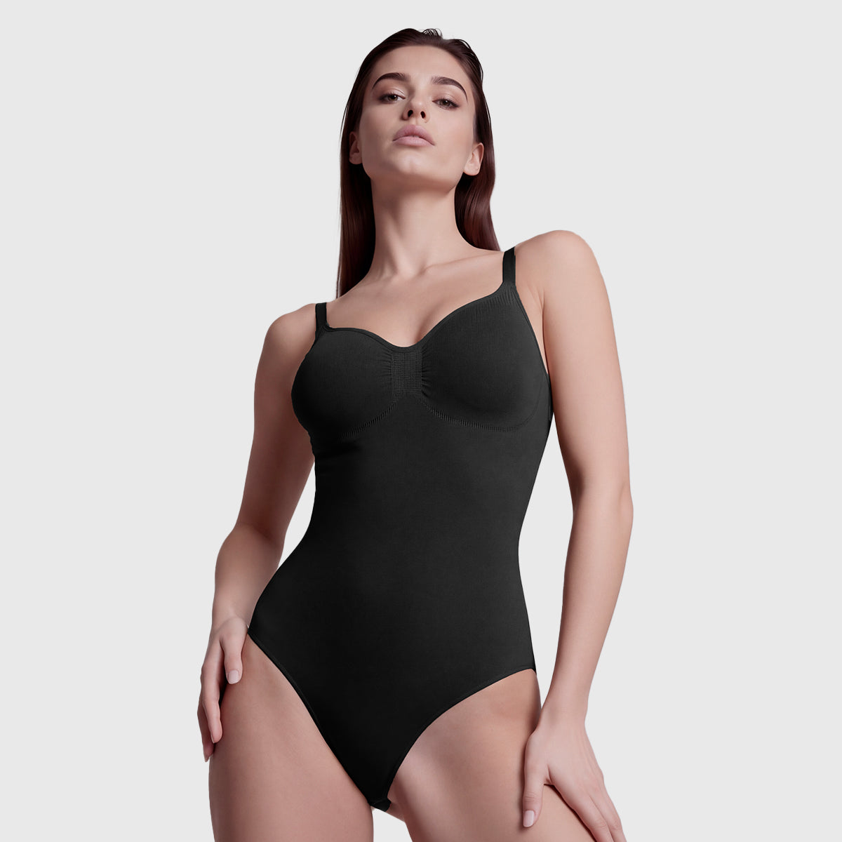 Shevee brief Bodysuit black angled front view contour shaping