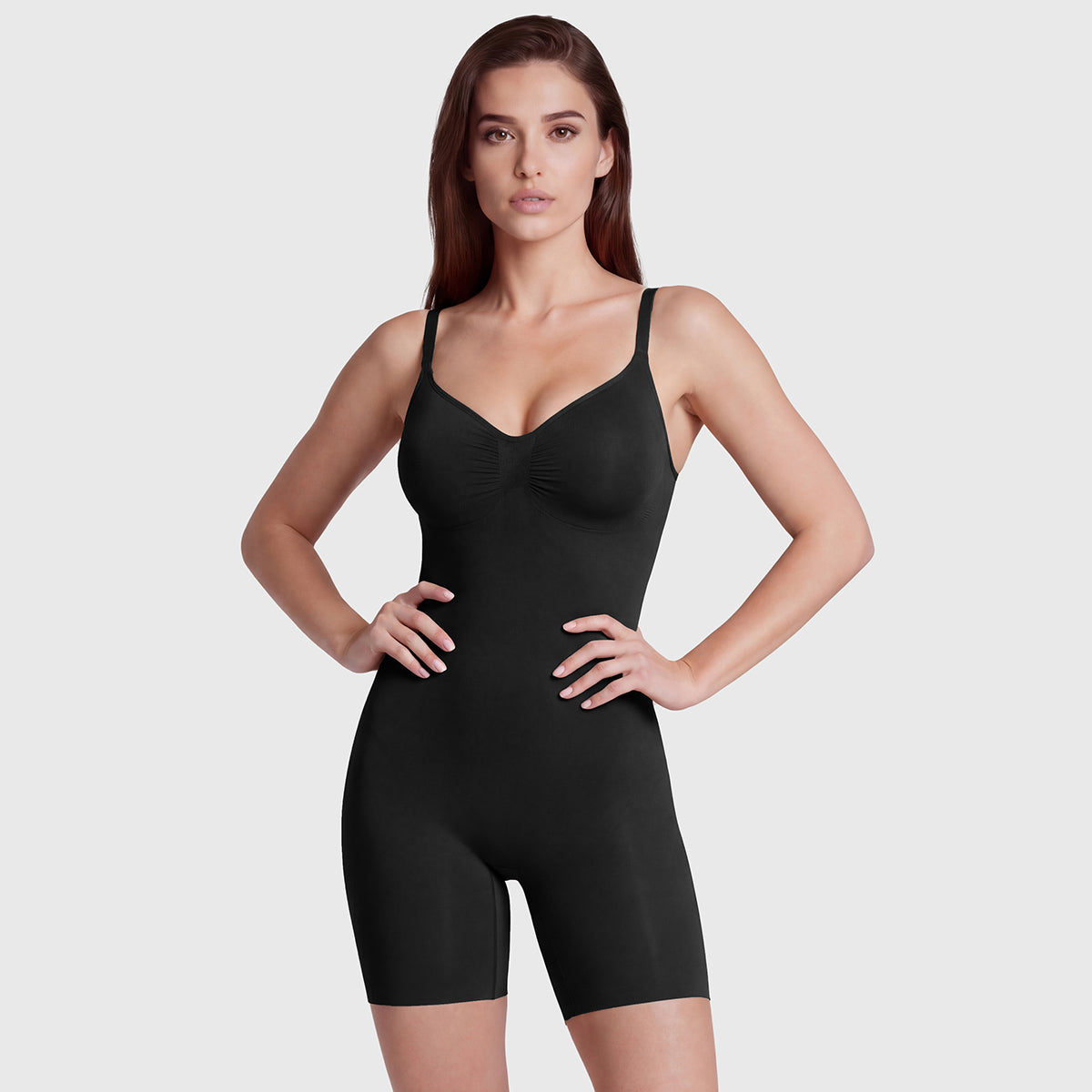 Shevee seamless mid-thigh Bodysuit black front view shaping compression