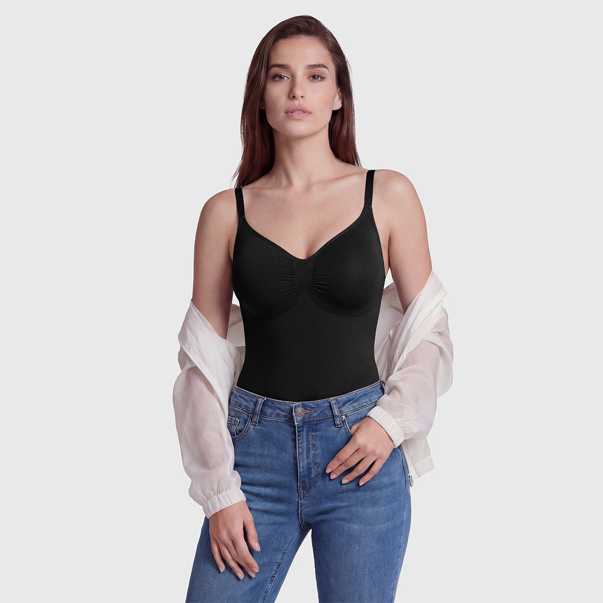 Shevee seamless mid-thigh Bodysuit black styled with jeans everyday outfit