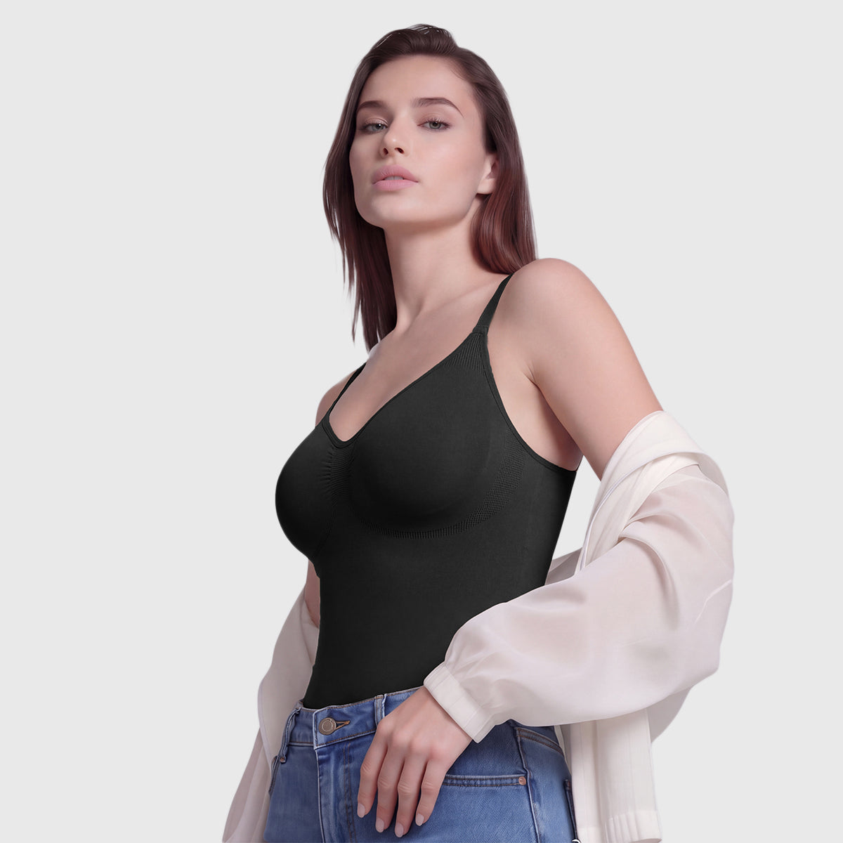 Shevee seamless mid-thigh Bodysuit black lifestyle side pose