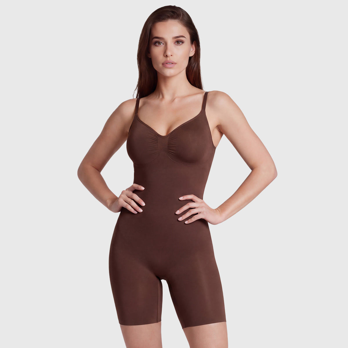 Shevee seamless mid-thigh Bodysuit cocoa front view shaping compression