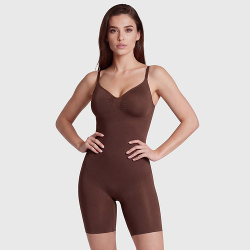 Shevee seamless mid-thigh Bodysuit cocoa front view shaping compression