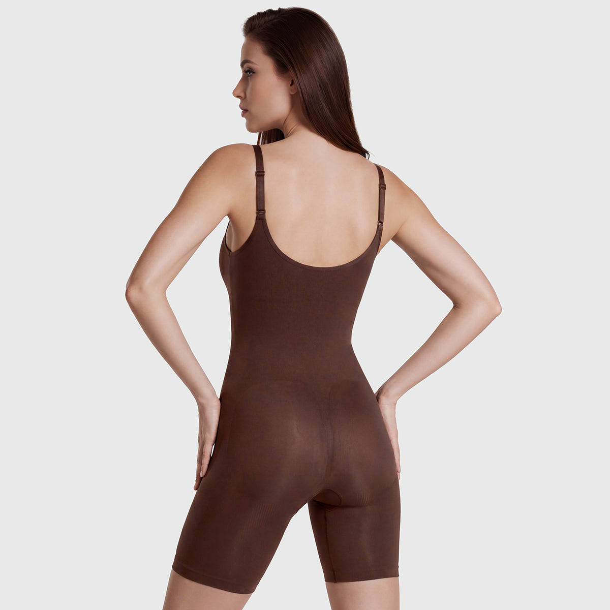 Shevee seamless mid-thigh Bodysuit cocoa back view butt-lifting fit