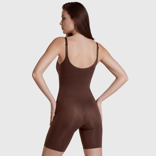 Shevee seamless mid-thigh Bodysuit cocoa back view butt-lifting fit