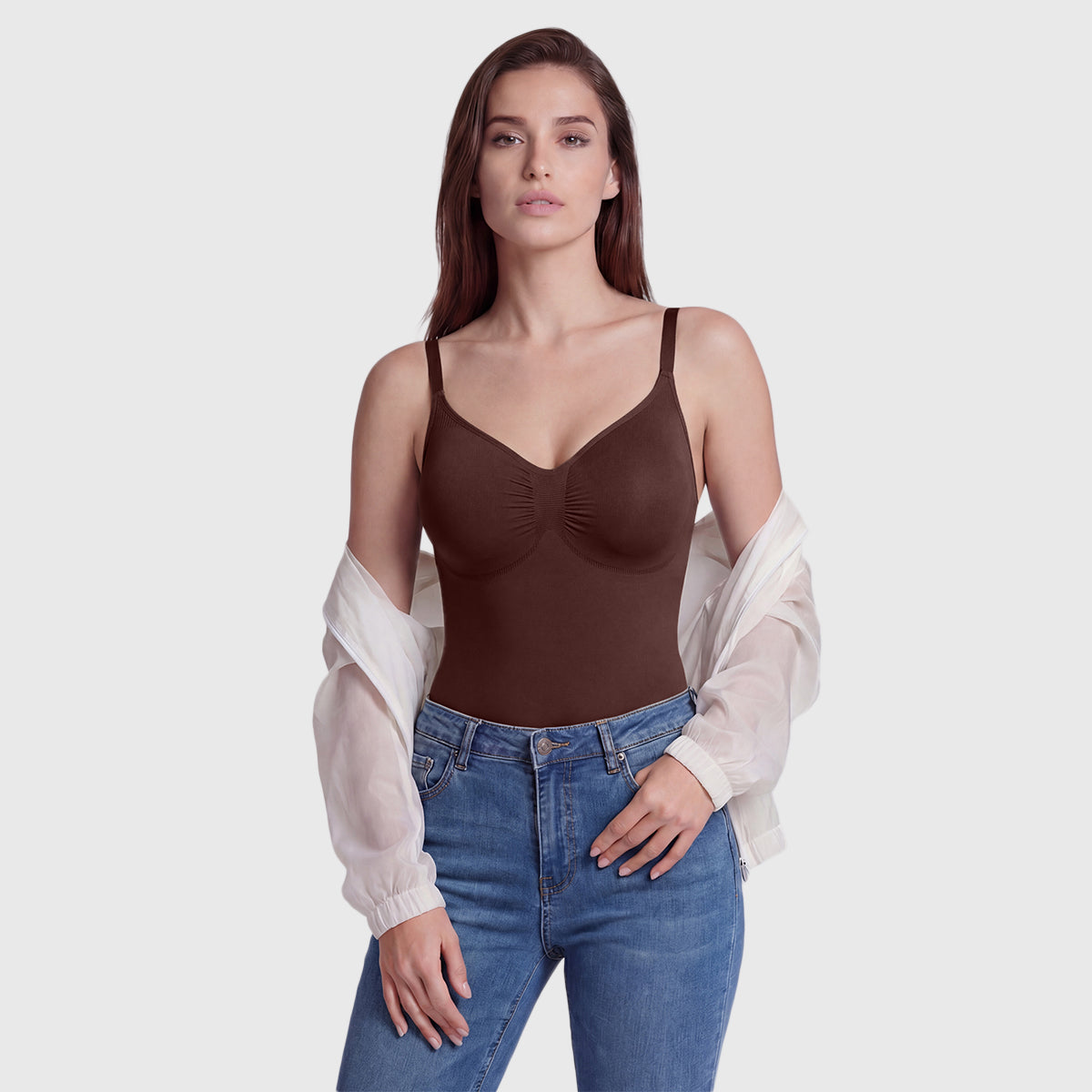 Shevee seamless mid-thigh Bodysuit cocoa styled with jeans everyday outfit