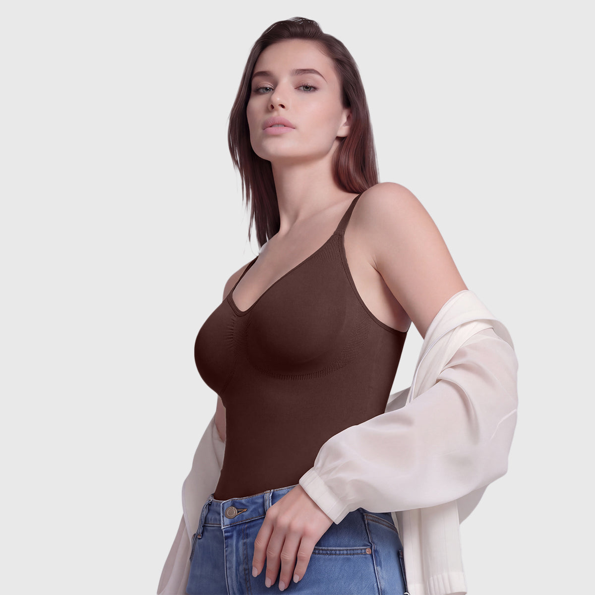Shevee seamless mid-thigh Bodysuit cocoa lifestyle side pose