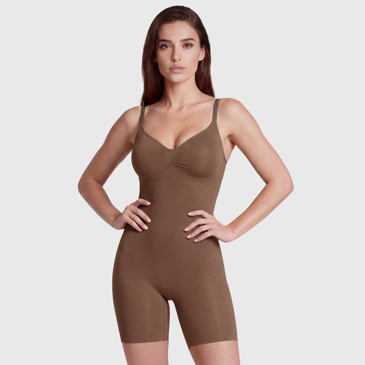 Shevee seamless mid-thigh Bodysuit jasper front view shaping compression