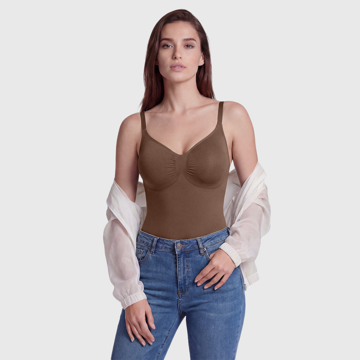 Shevee seamless mid-thigh Bodysuit jasper styled with jeans everyday outfit