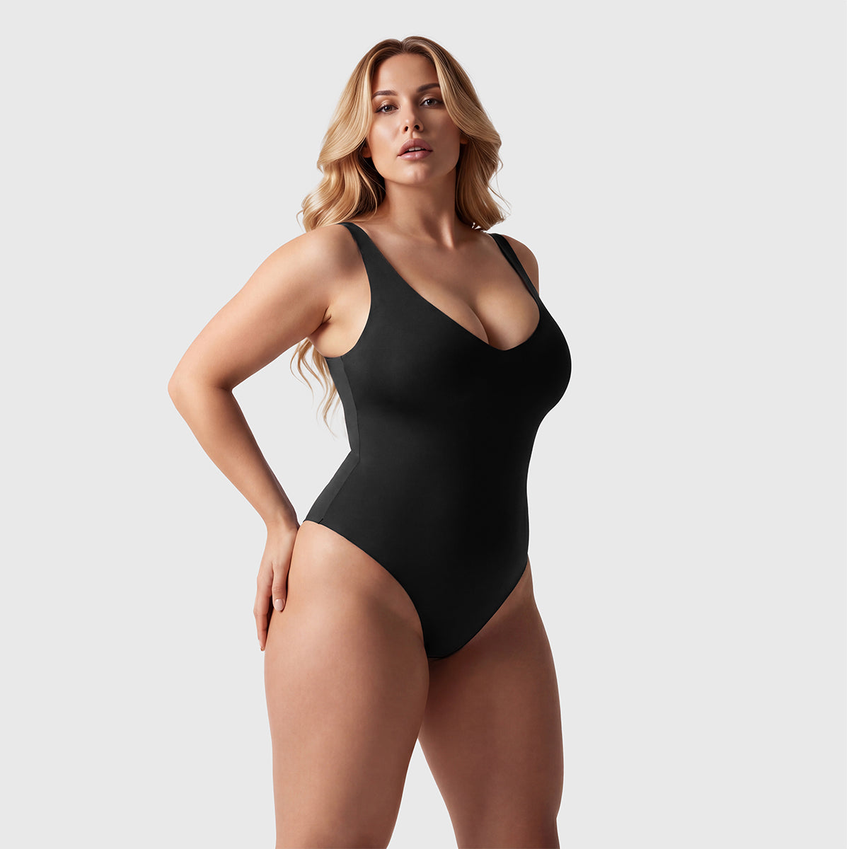 Shevee unlined plunge thong Bodysuit black front view deep V neckline seamless shaping