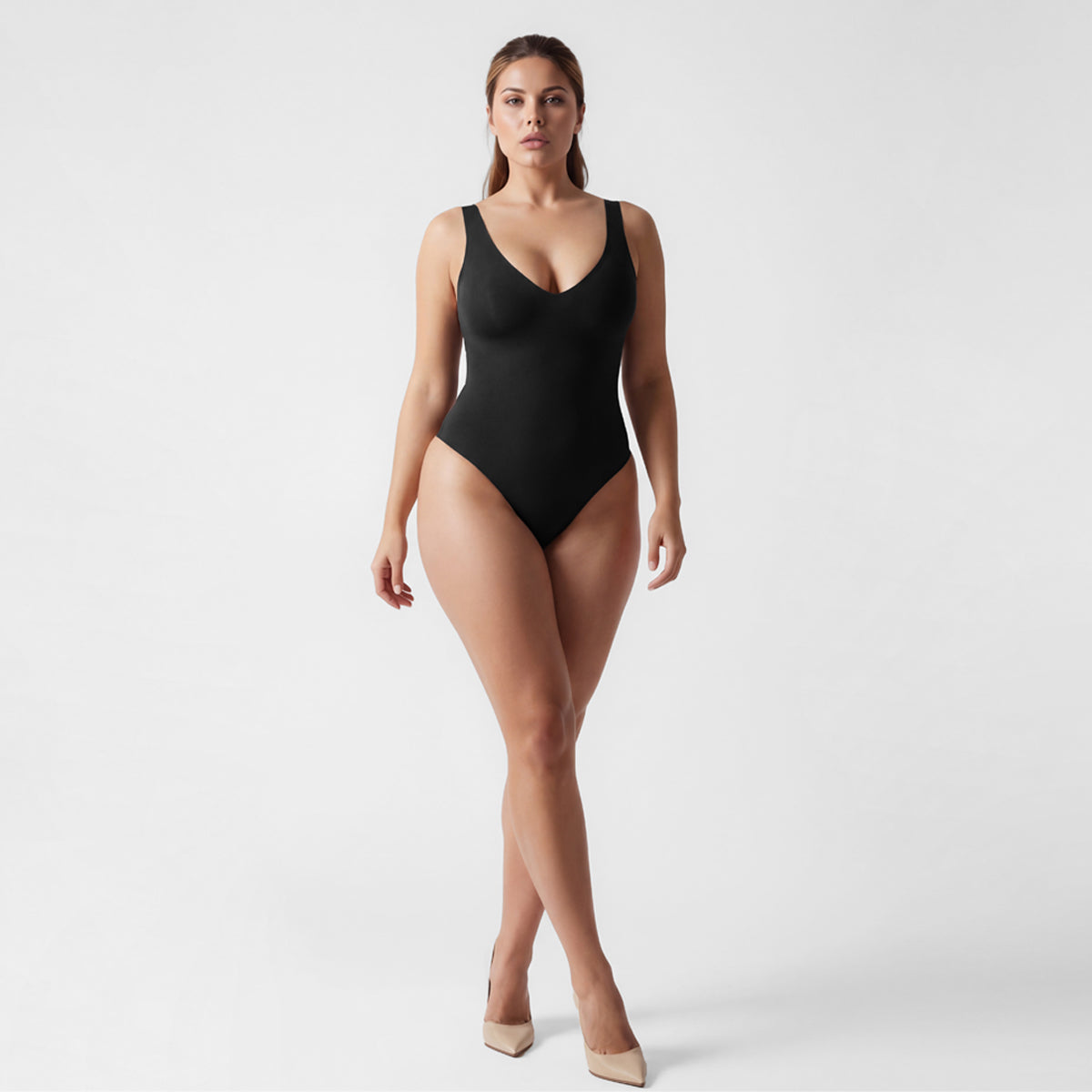 Shevee unlined plunge thong Bodysuit black front view natural curves shaping