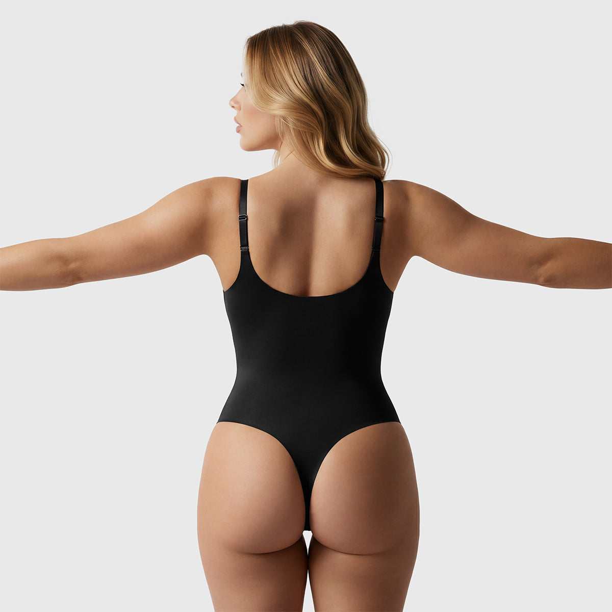Shevee unlined plunge thong Bodysuit black back view low-back sculpting fit