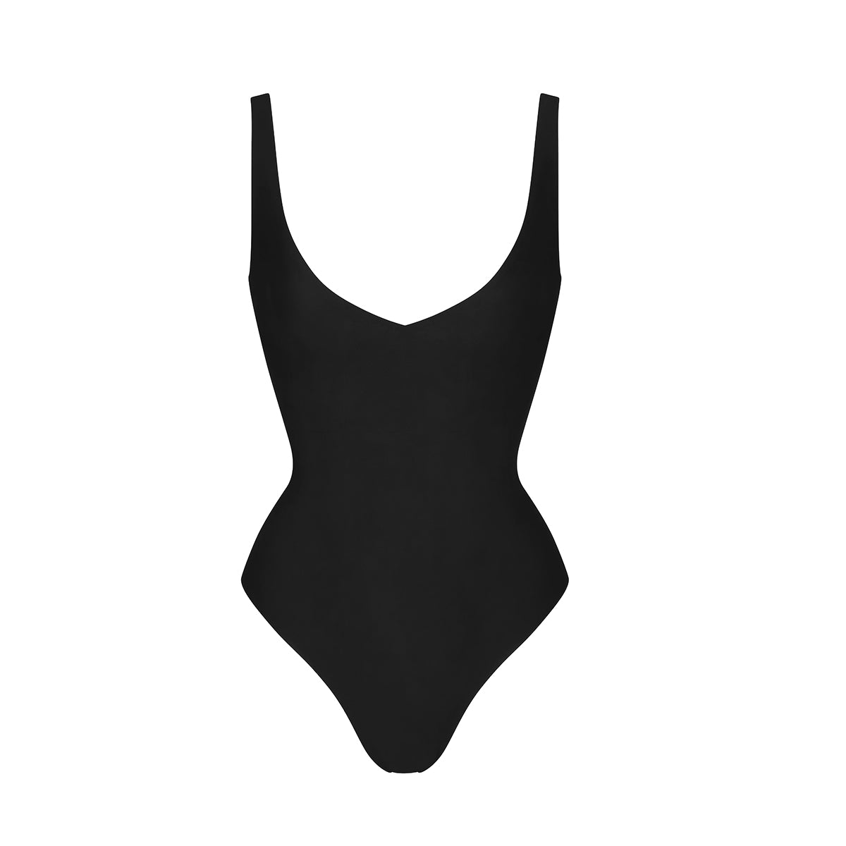 Shevee unlined plunge thong Bodysuit black flat lay product minimalist design