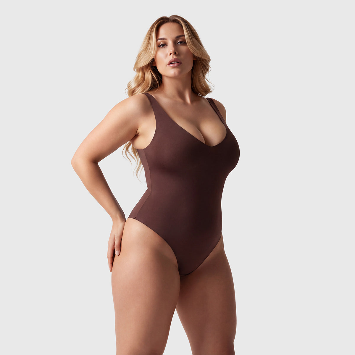 Shevee unlined plunge thong Bodysuit cocoa front view deep V neckline seamless shaping