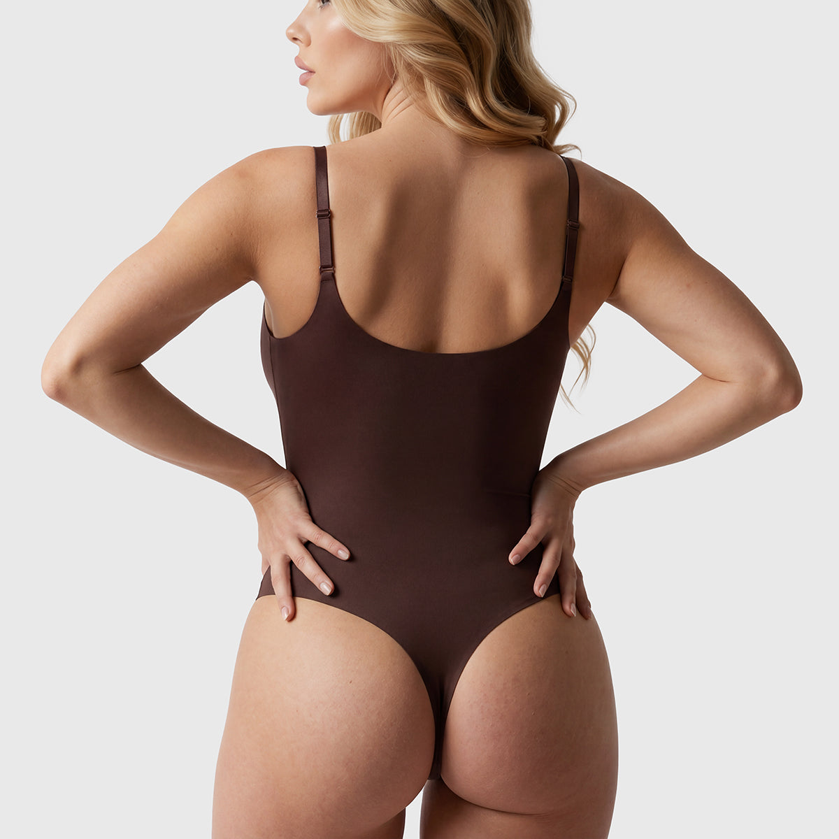 Shevee unlined plunge thong Bodysuit cocoa back view low-back thong silhouette