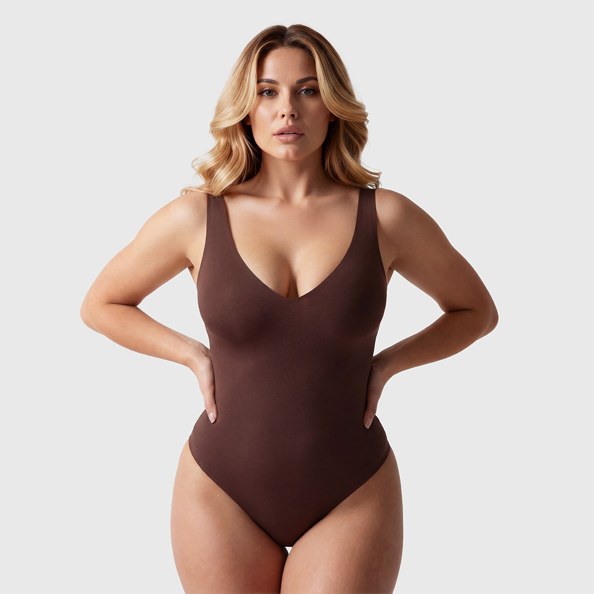 Shevee unlined plunge thong Bodysuit cocoa front view hands on waist sculpting
