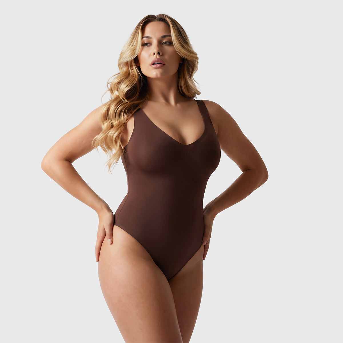 Shevee unlined plunge thong Bodysuit cocoa front view natural curves shaping