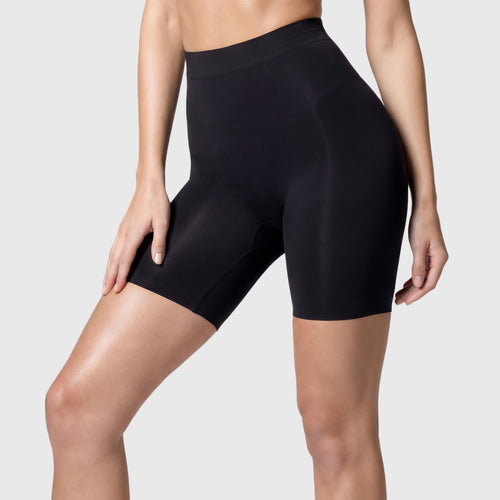 Shevee high-waisted butt-lifting mid-thigh Shorts black front view tummy control