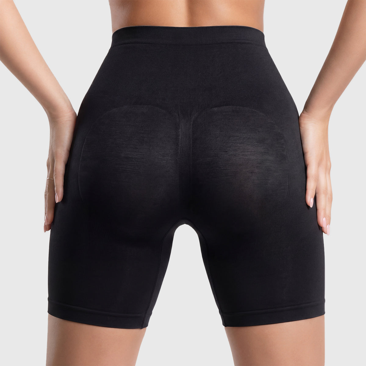 Shevee high-waisted butt-lifting mid-thigh Shorts black back side view