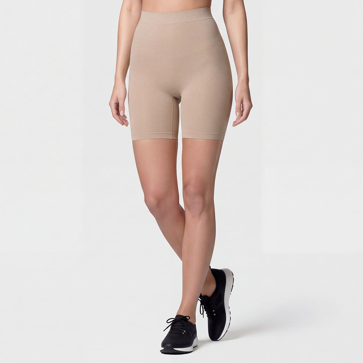 Shevee high-waisted butt-lifting mid-thigh Shorts sand side view sculpting fit