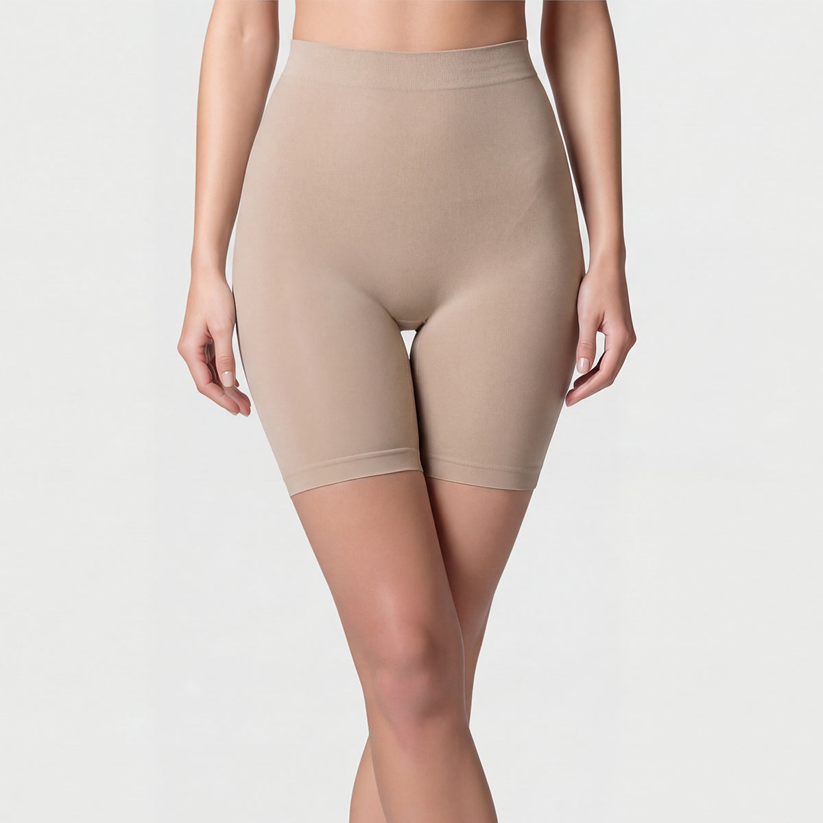 Shevee high-waisted butt-lifting mid-thigh Shorts sand front cropped view