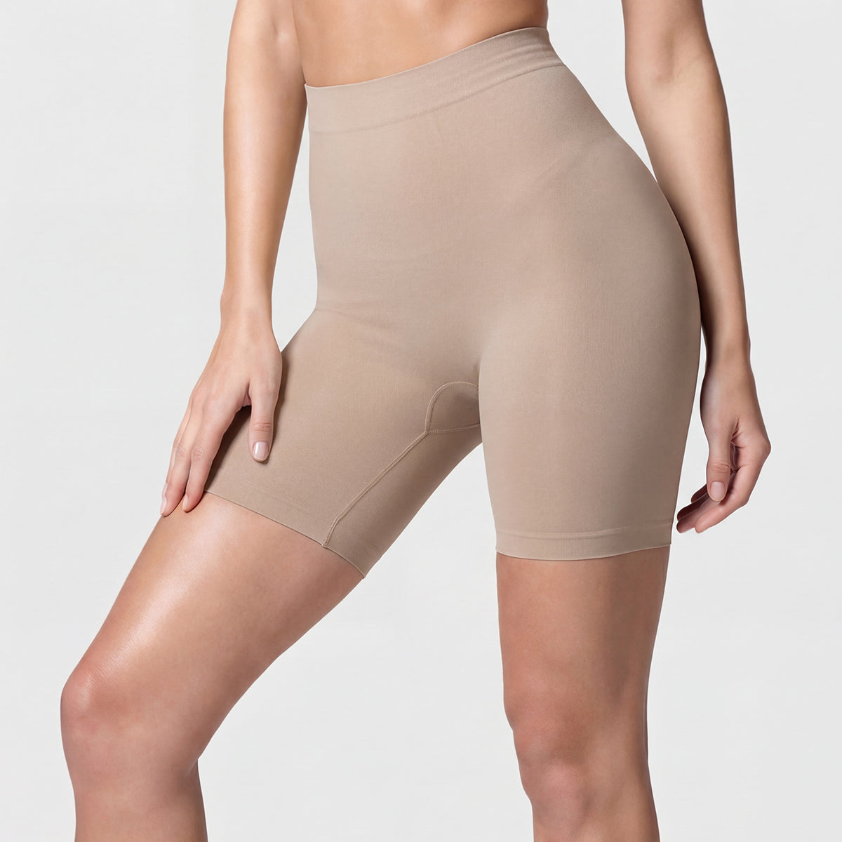 Shevee high-waisted butt-lifting mid-thigh Shorts sand front view tummy control
